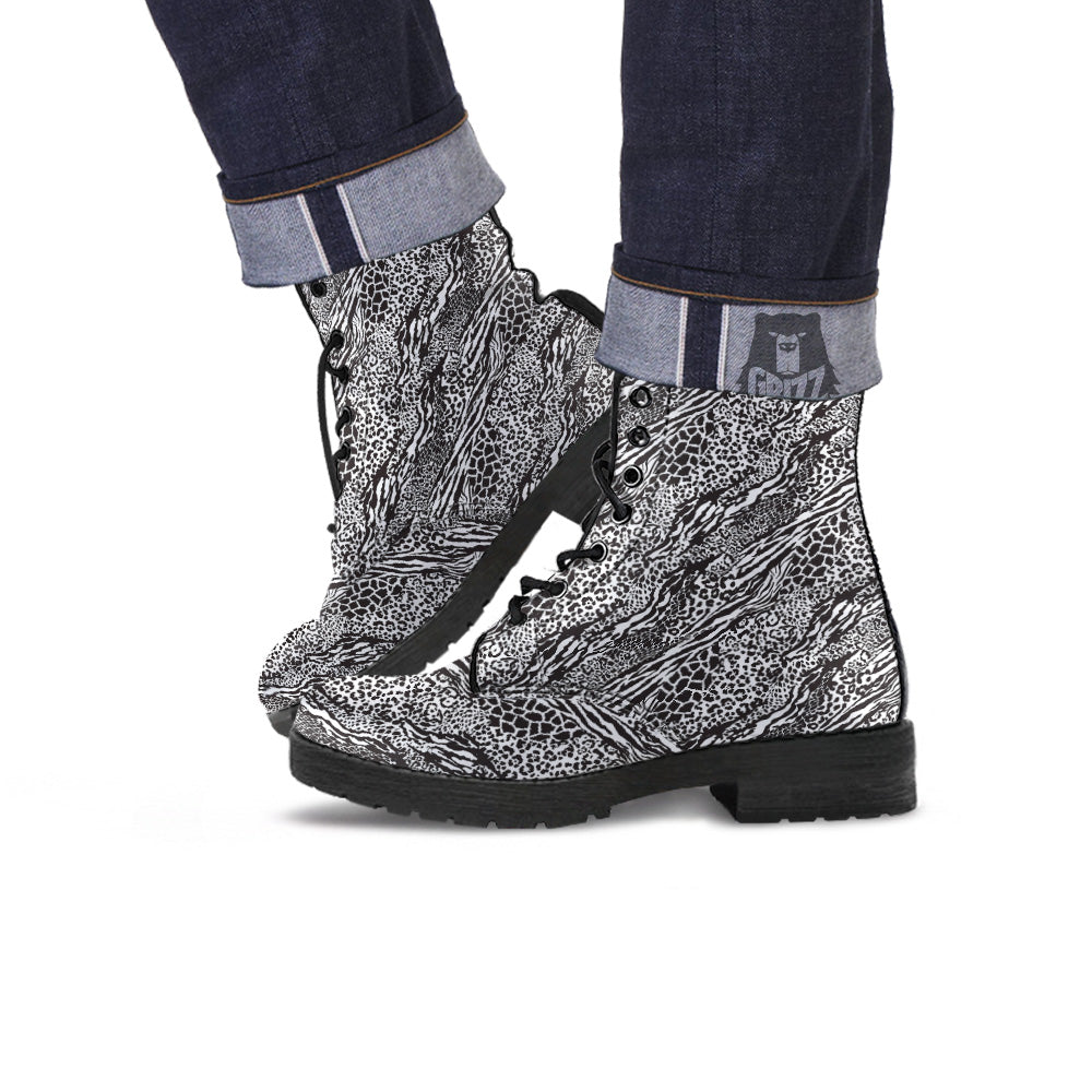 Patchwork White Black Animal Skins Print Pattern Leather Boots-grizzshop