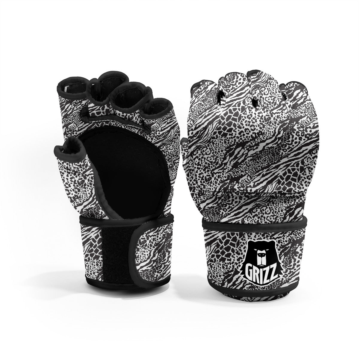 Patchwork White Black Animal Skins Print Pattern MMA Gloves-grizzshop