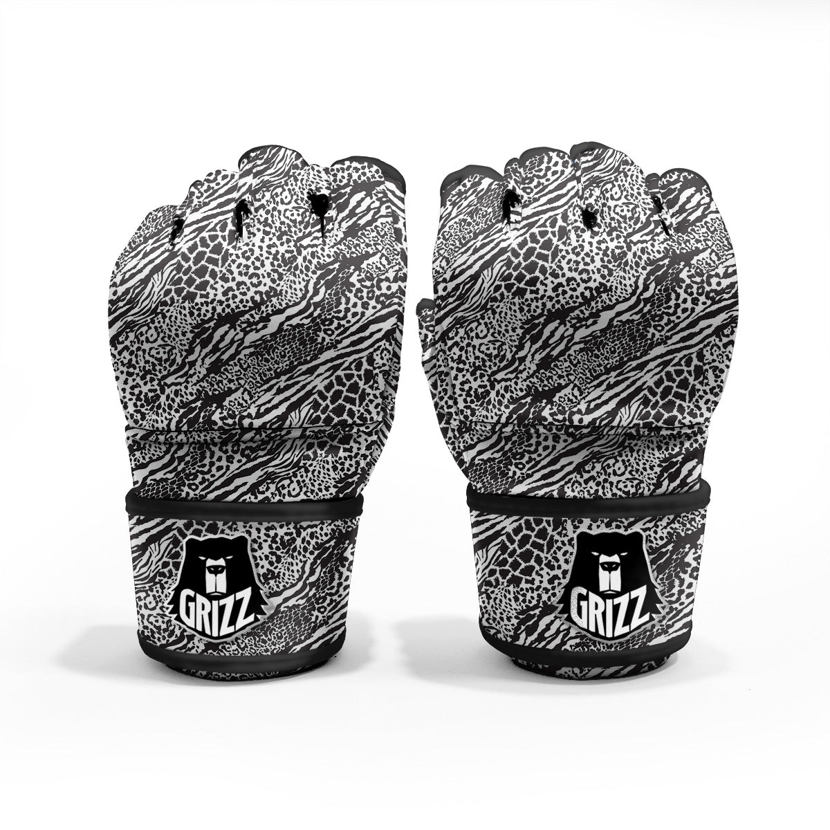 Patchwork White Black Animal Skins Print Pattern MMA Gloves-grizzshop