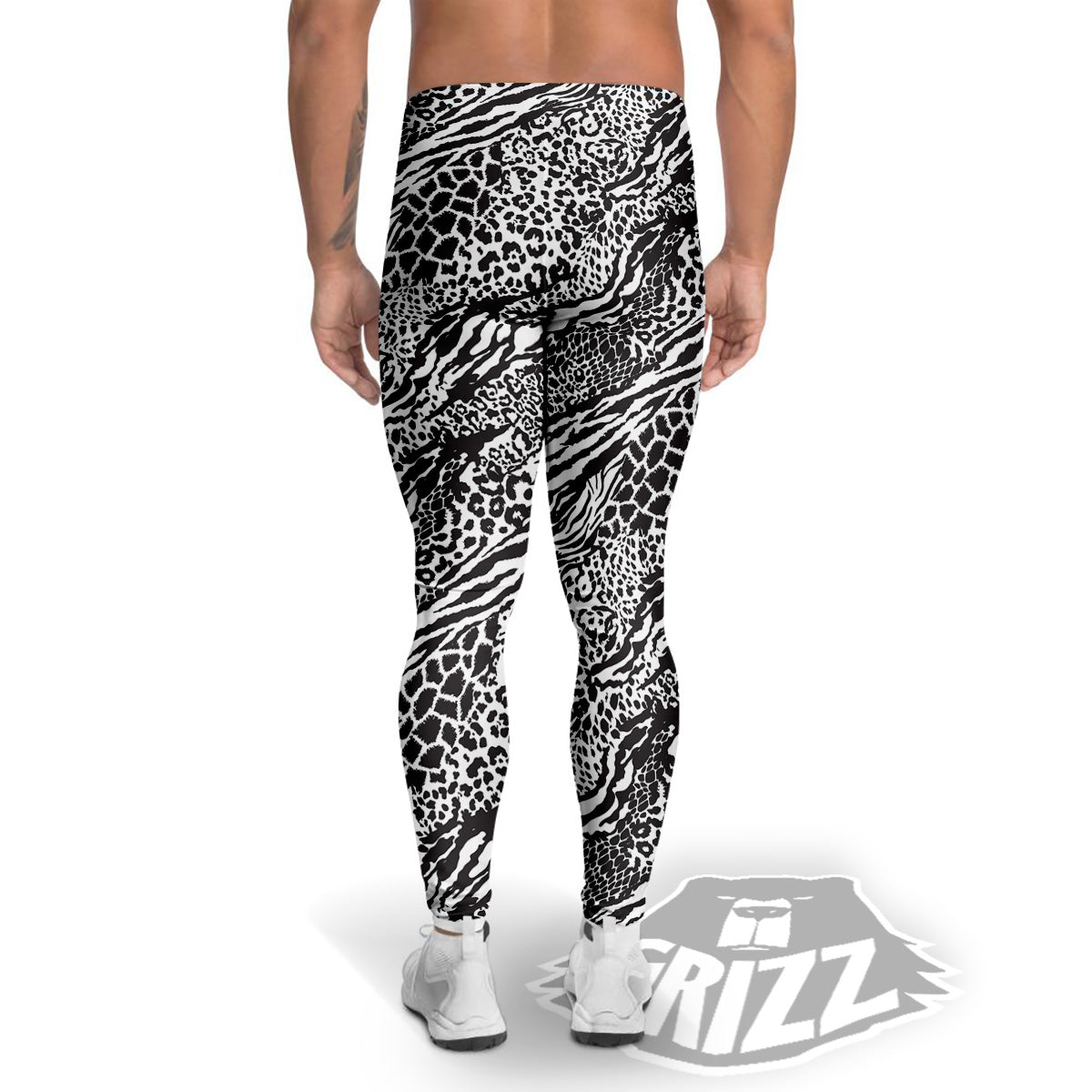 Patchwork White Black Animal Skins Print Pattern Men's Leggings-grizzshop