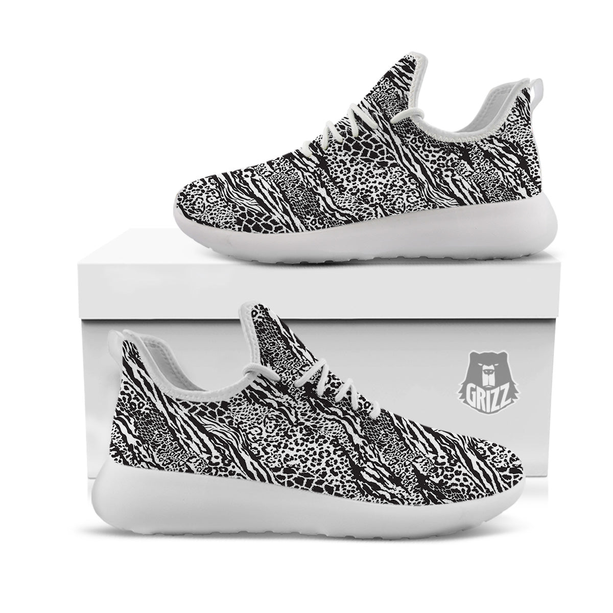 Patchwork White Black Animal Skins Print Pattern White Athletic Shoes-grizzshop
