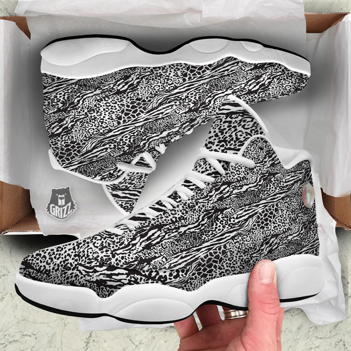 Patchwork White Black Animal Skins Print Pattern White Basketball Shoes-grizzshop