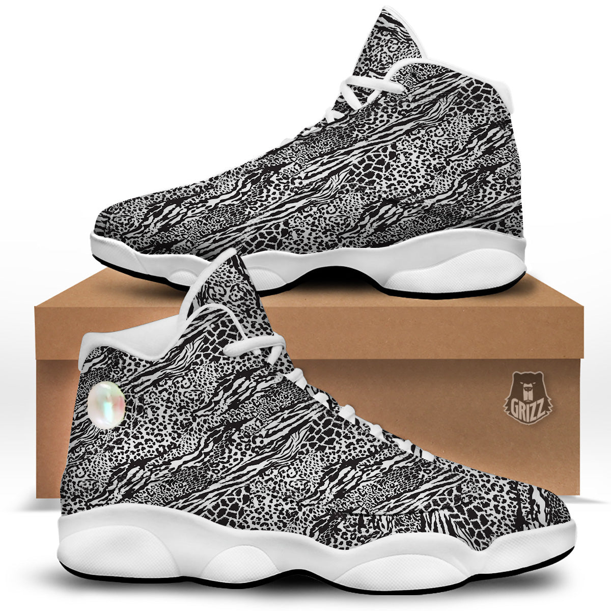 Patchwork White Black Animal Skins Print Pattern White Basketball Shoes-grizzshop
