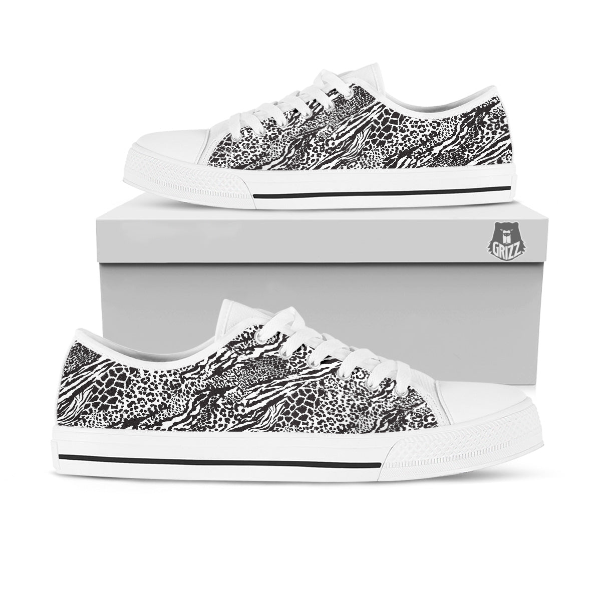 Patchwork White Black Animal Skins Print Pattern White Low Top Shoes-grizzshop
