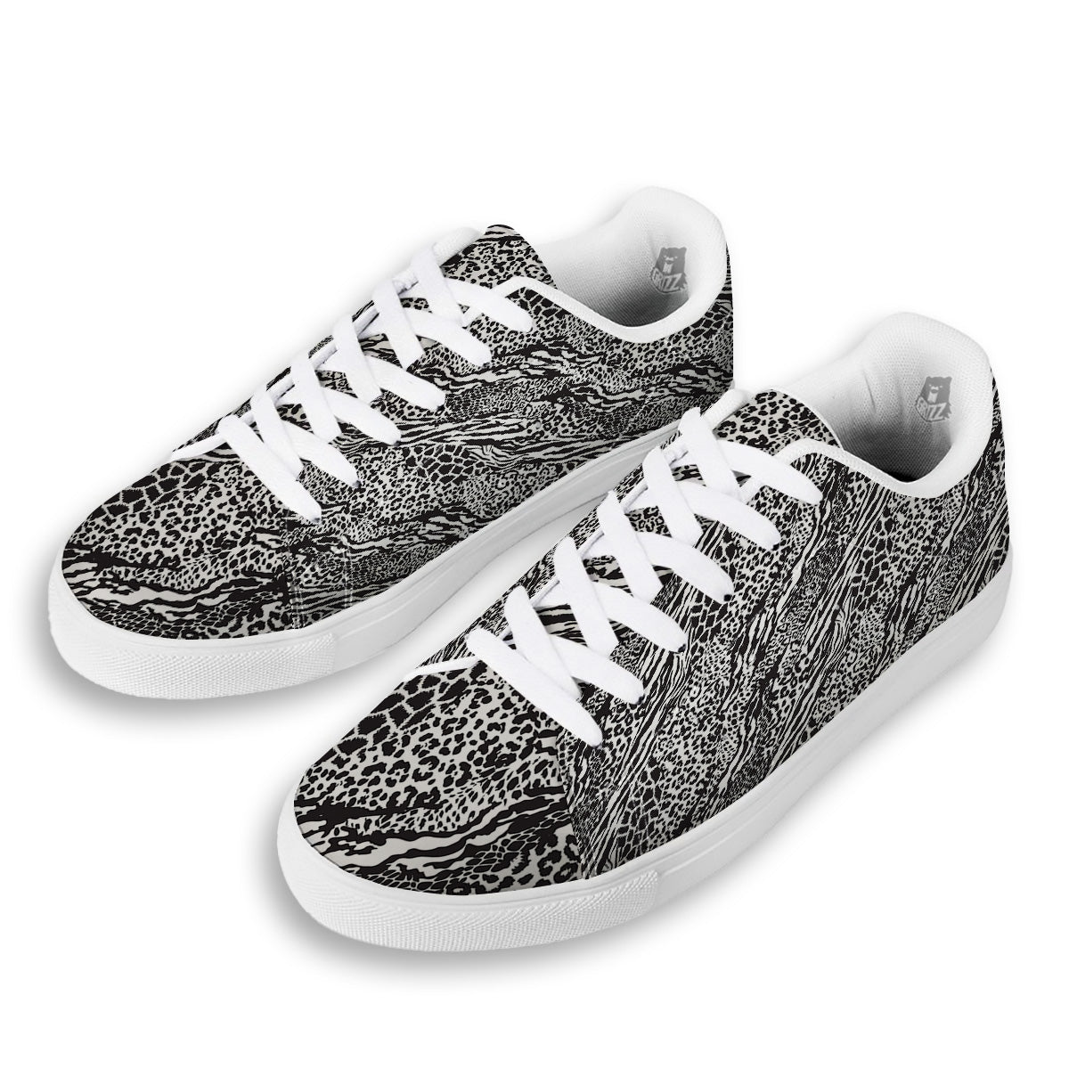 Patchwork White Black Animal Skins Print Pattern White Low Top Sneakers-grizzshop