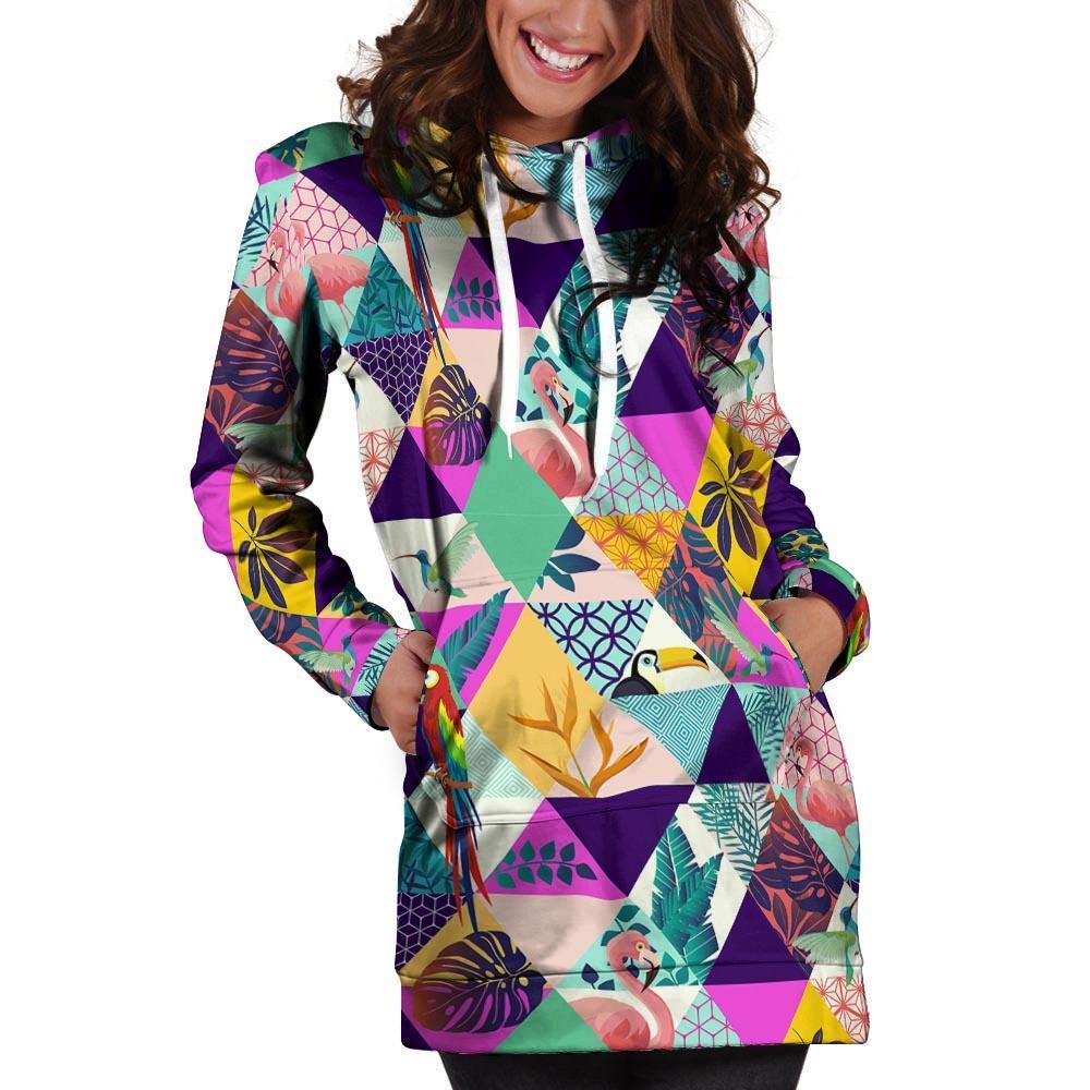 Patchwork Tropical Bird Print Hoodie Dress-grizzshop