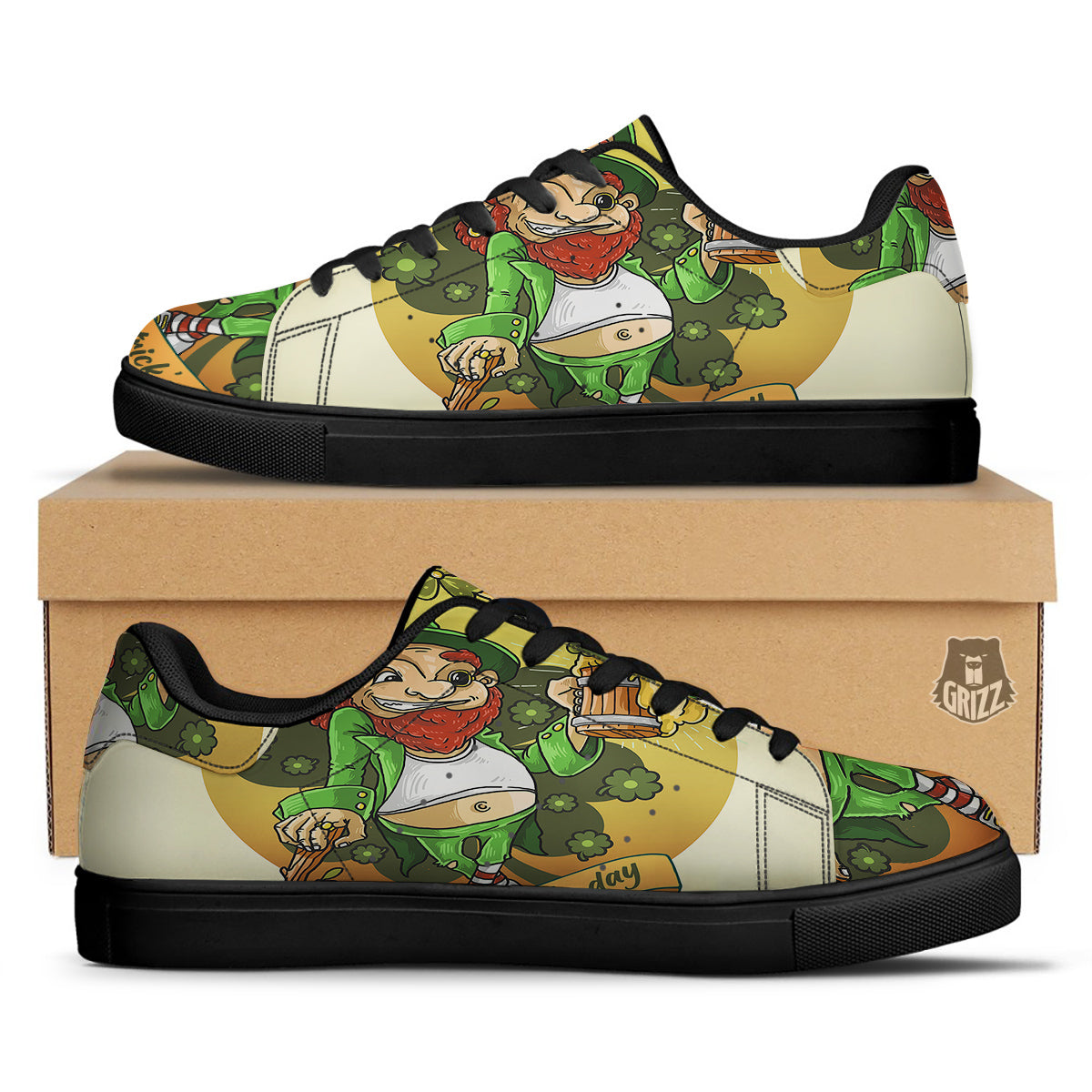 Patrick's Day Cute Shamrock Saint Print Black Low Top Sneakers-grizzshop