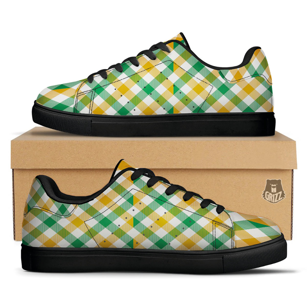 Patrick's Day Irish Plaid Print Black Low Top Sneakers-grizzshop