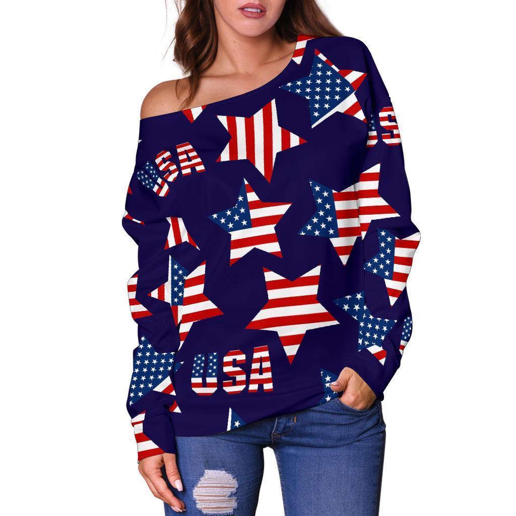 Patriot Usa Pattern Print Women Off Shoulder Sweatshirt-grizzshop