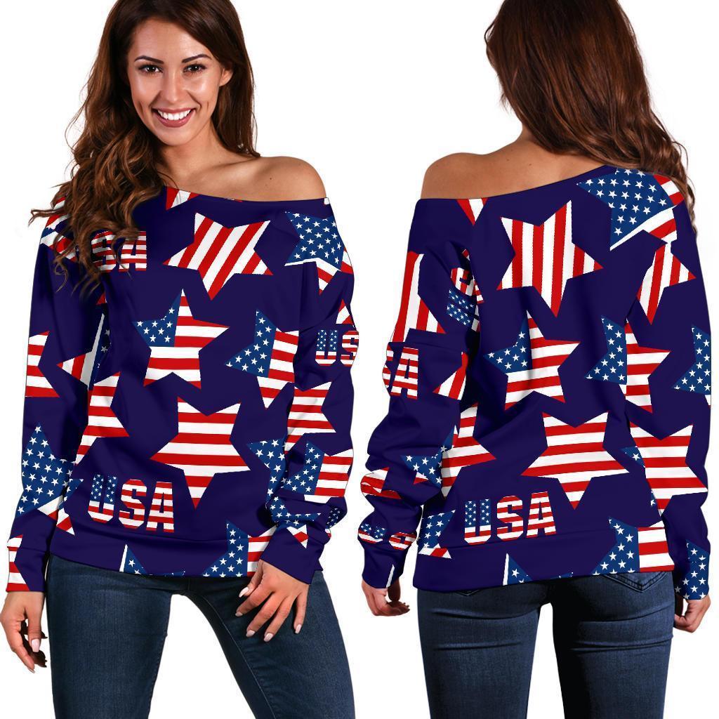 Patriot Usa Pattern Print Women Off Shoulder Sweatshirt-grizzshop