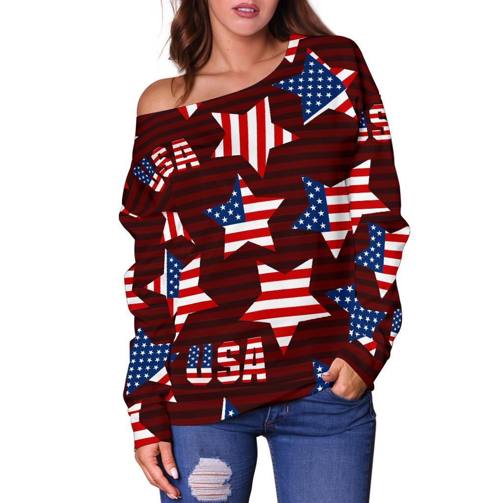 Patriot Usa Print Pattern Women Off Shoulder Sweatshirt-grizzshop