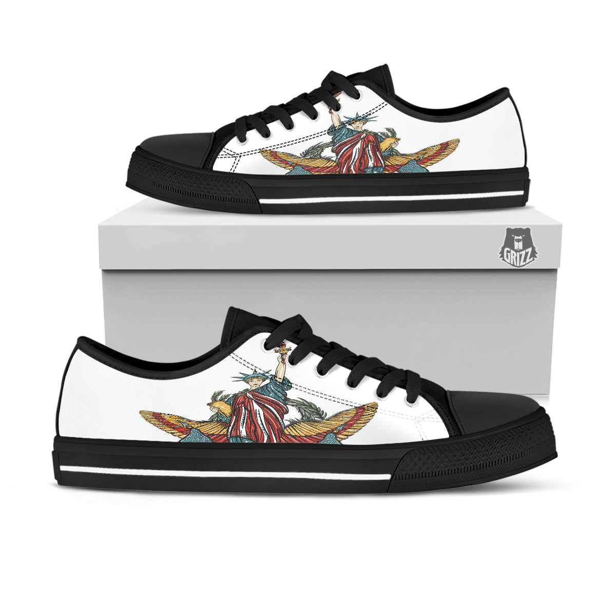 Patriotic Art Statue Of Liberty Print Black Low Top Shoes-grizzshop