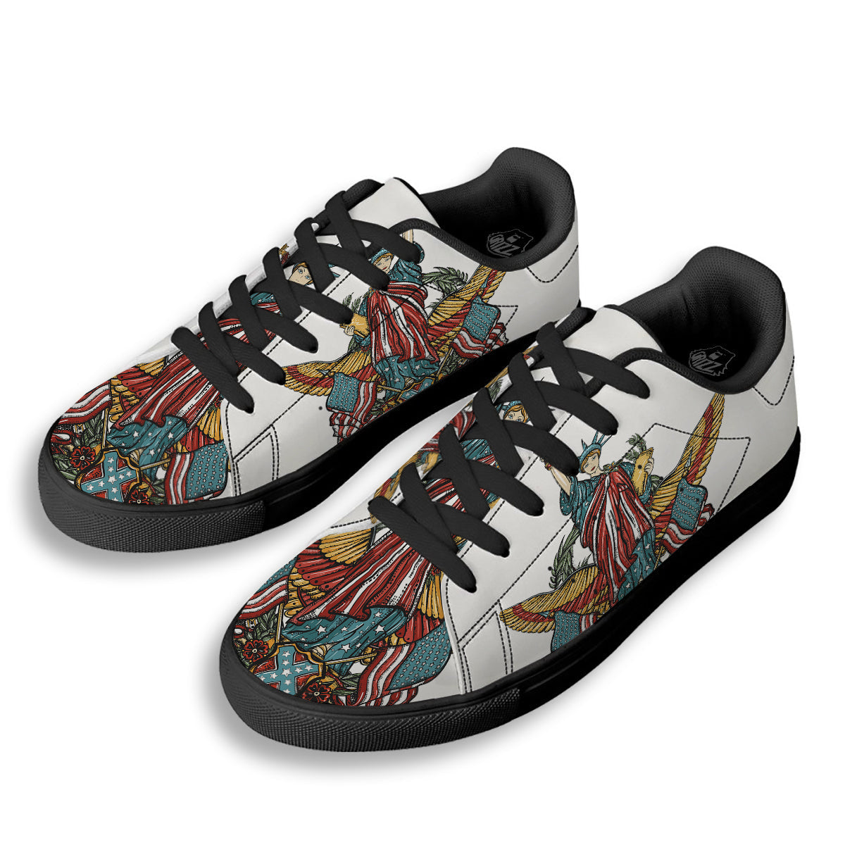 Patriotic Art Statue Of Liberty Print Black Low Top Sneakers-grizzshop