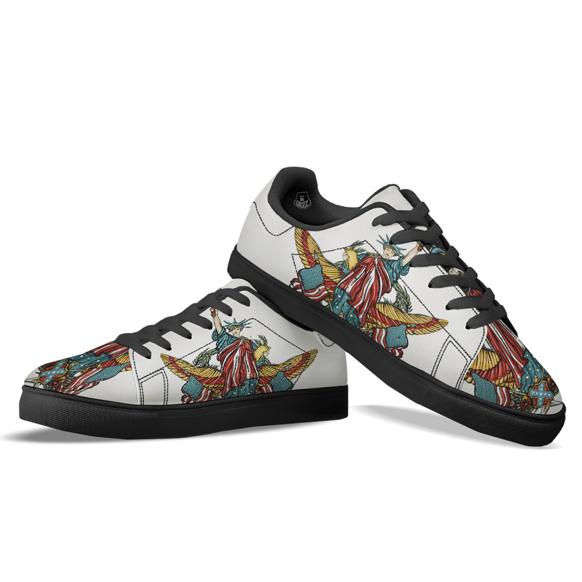 Patriotic Art Statue Of Liberty Print Black Low Top Sneakers-grizzshop