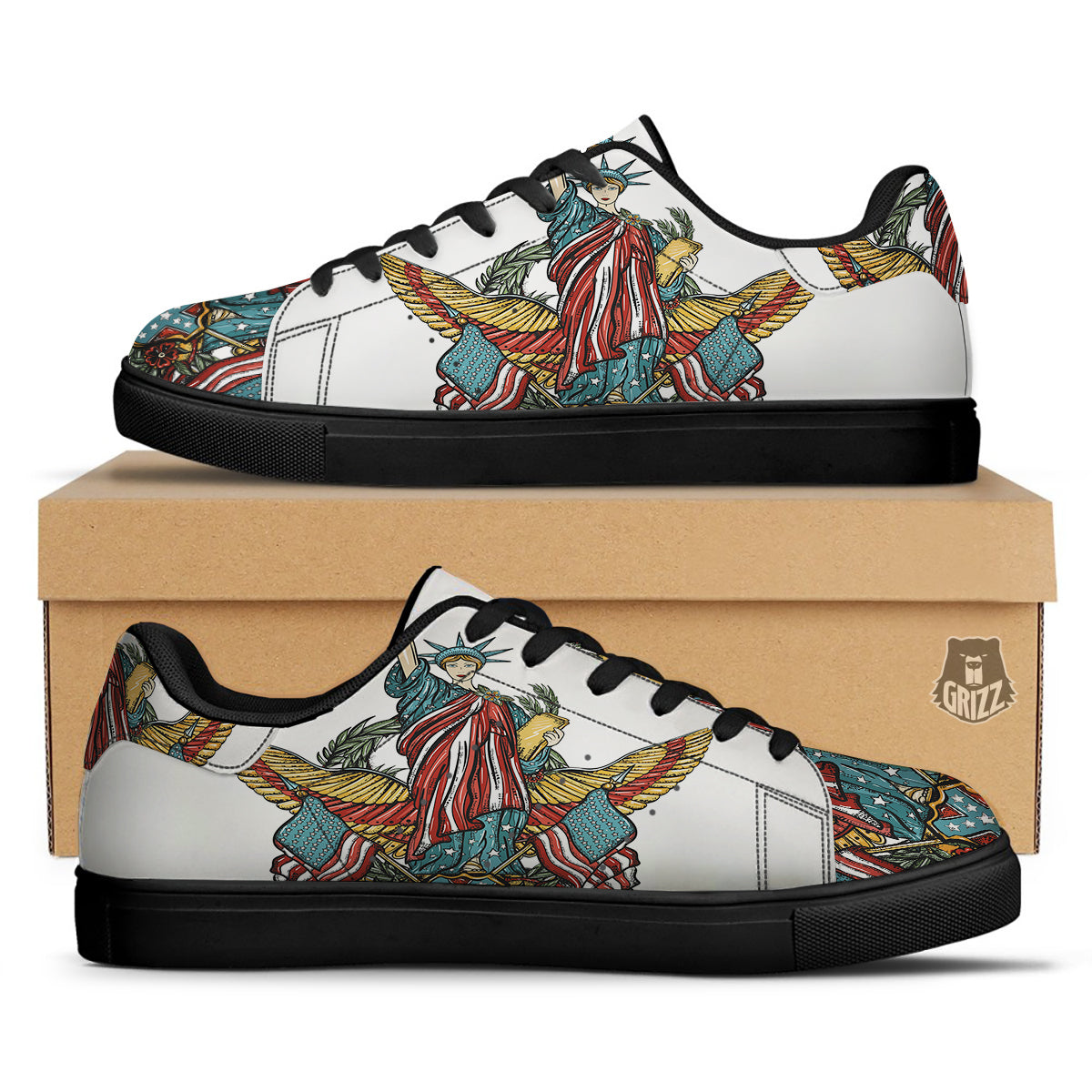 Patriotic Art Statue Of Liberty Print Black Low Top Sneakers-grizzshop