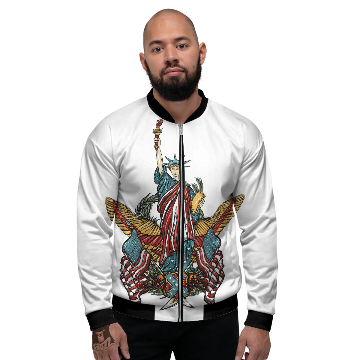 Patriotic Art Statue Of Liberty Print Men's Bomber Jacket-grizzshop