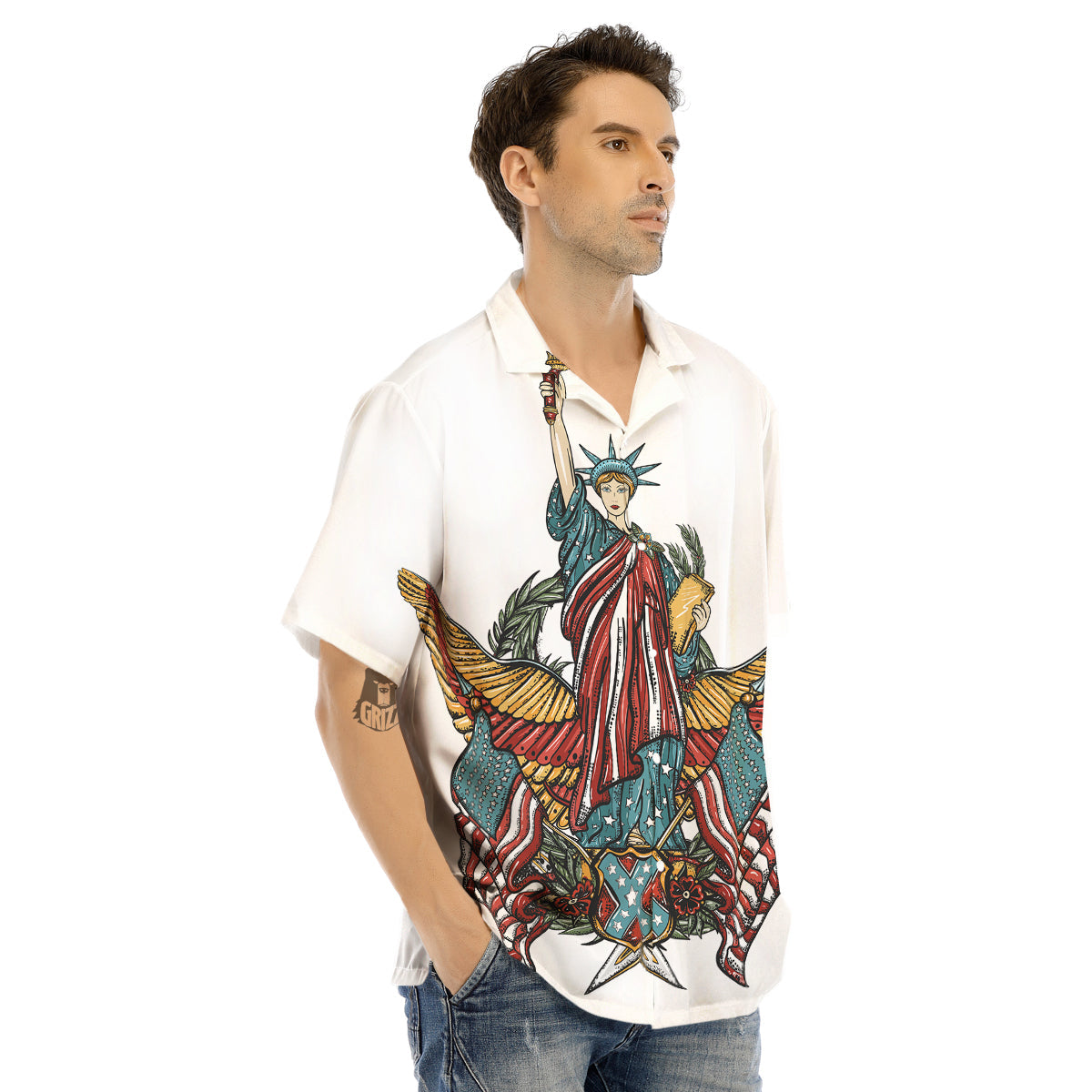 Patriotic Art Statue Of Liberty Print Men's Hawaiian Shirt-grizzshop