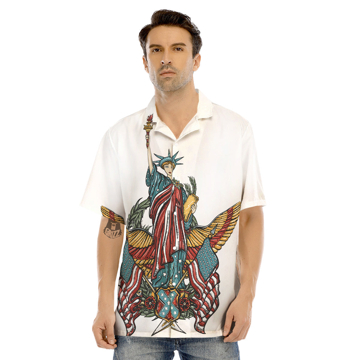 Patriotic Art Statue Of Liberty Print Men's Hawaiian Shirt-grizzshop