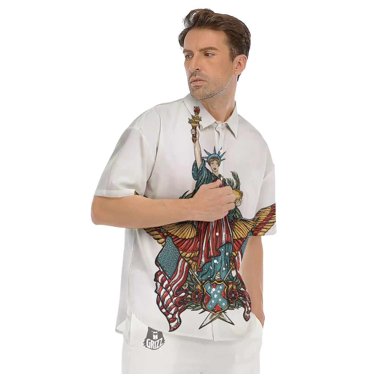 Patriotic Art Statue Of Liberty Print Men's Short Sleeve Shirts-grizzshop