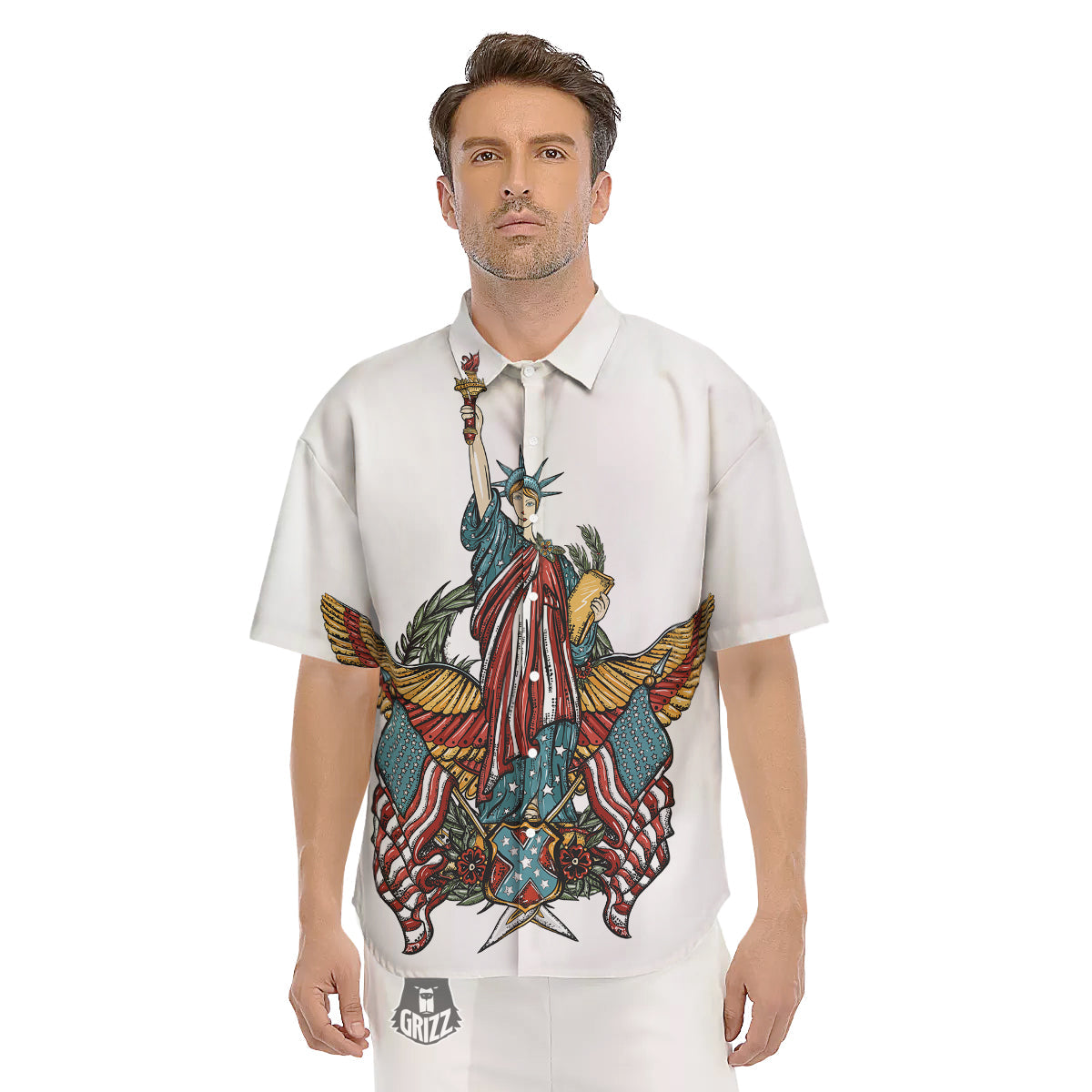 Patriotic Art Statue Of Liberty Print Men's Short Sleeve Shirts-grizzshop