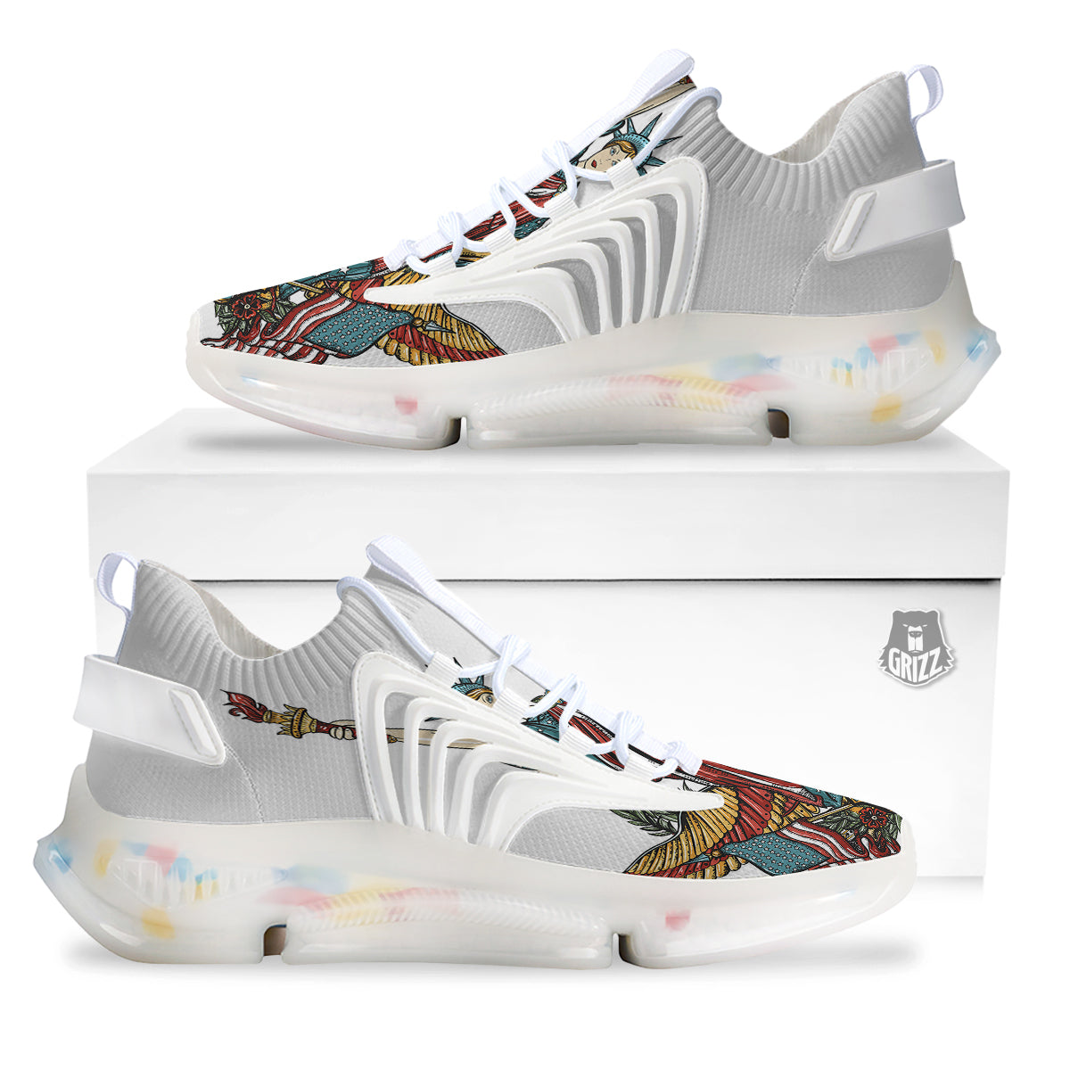 Patriotic Art Statue Of Liberty Print White Gym Shoes-grizzshop