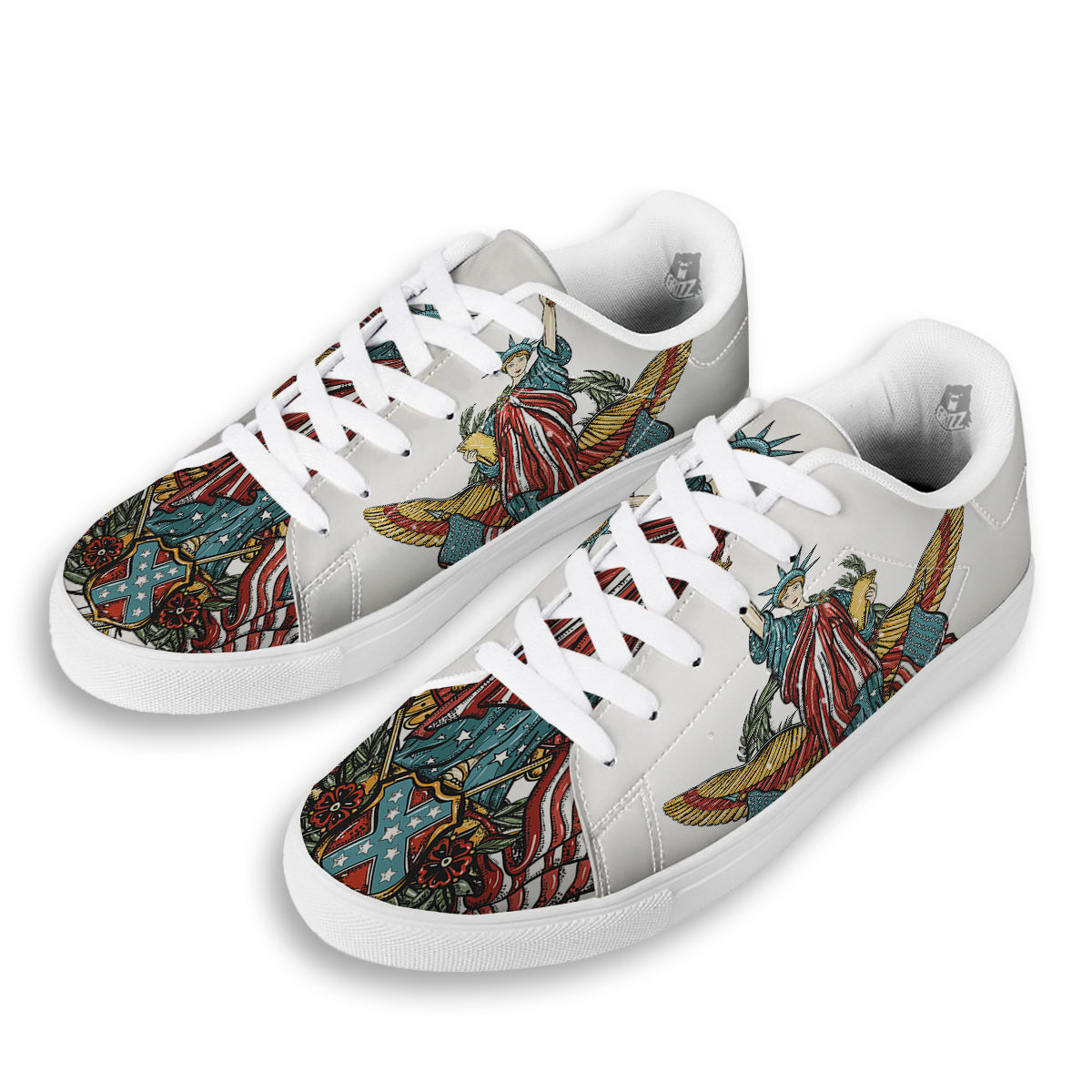 Patriotic Art Statue Of Liberty Print White Low Top Sneakers-grizzshop