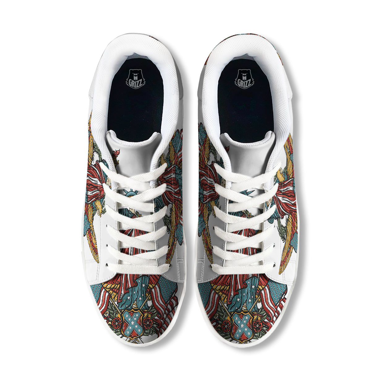 Patriotic Art Statue Of Liberty Print White Low Top Sneakers-grizzshop