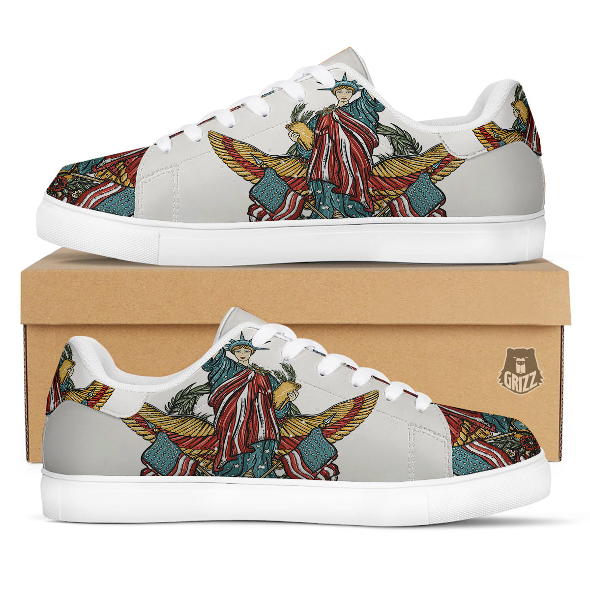 Patriotic Art Statue Of Liberty Print White Low Top Sneakers-grizzshop