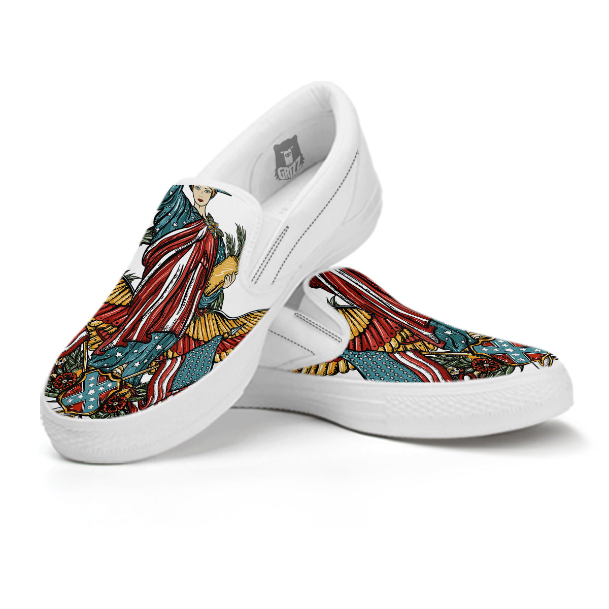 Patriotic Art Statue Of Liberty Print White Slip On Shoes-grizzshop