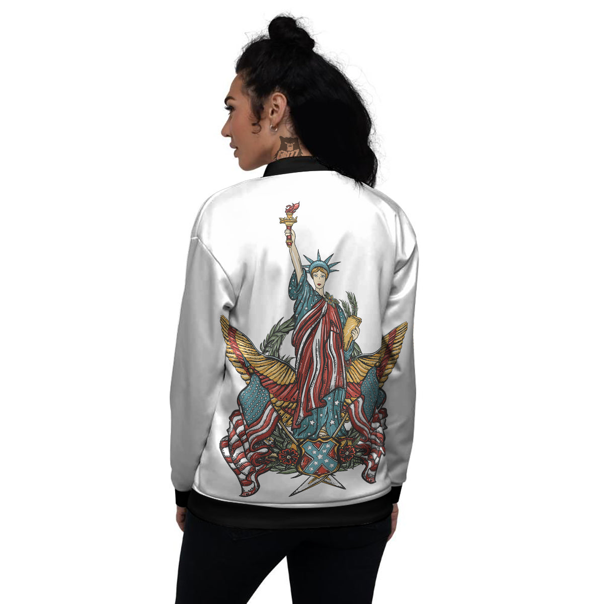 Patriotic Art Statue Of Liberty Print Women's Bomber Jacket-grizzshop