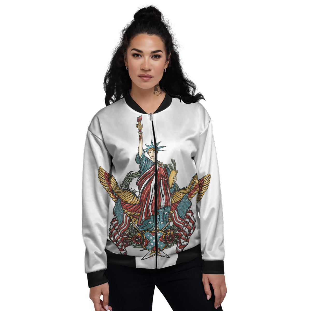 Patriotic Art Statue Of Liberty Print Women's Bomber Jacket-grizzshop