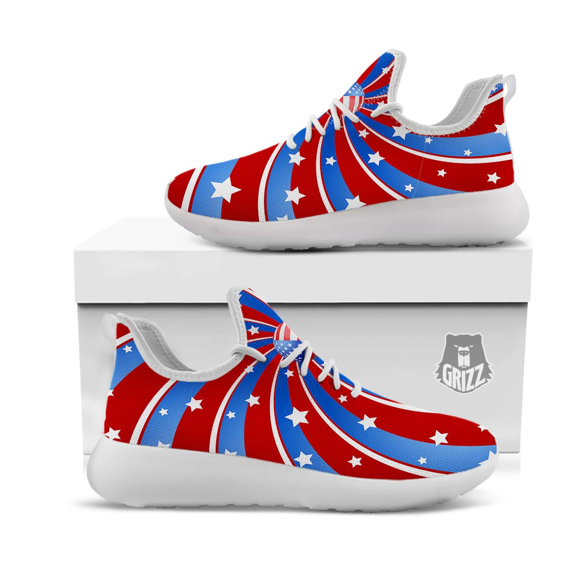 Patriotic Star Swirl American Print White Athletic Shoes-grizzshop