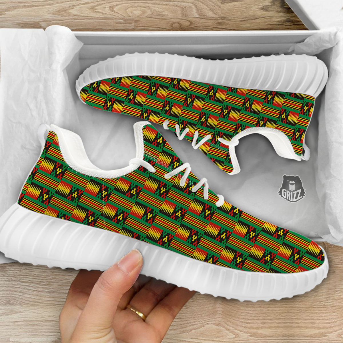 Pattern Kente Print White Walking Shoes-grizzshop