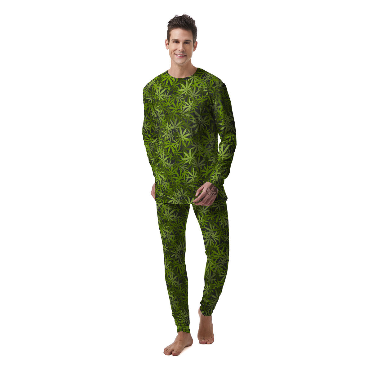 Pattern Leaf Marijuana Print Men's Pajamas-grizzshop