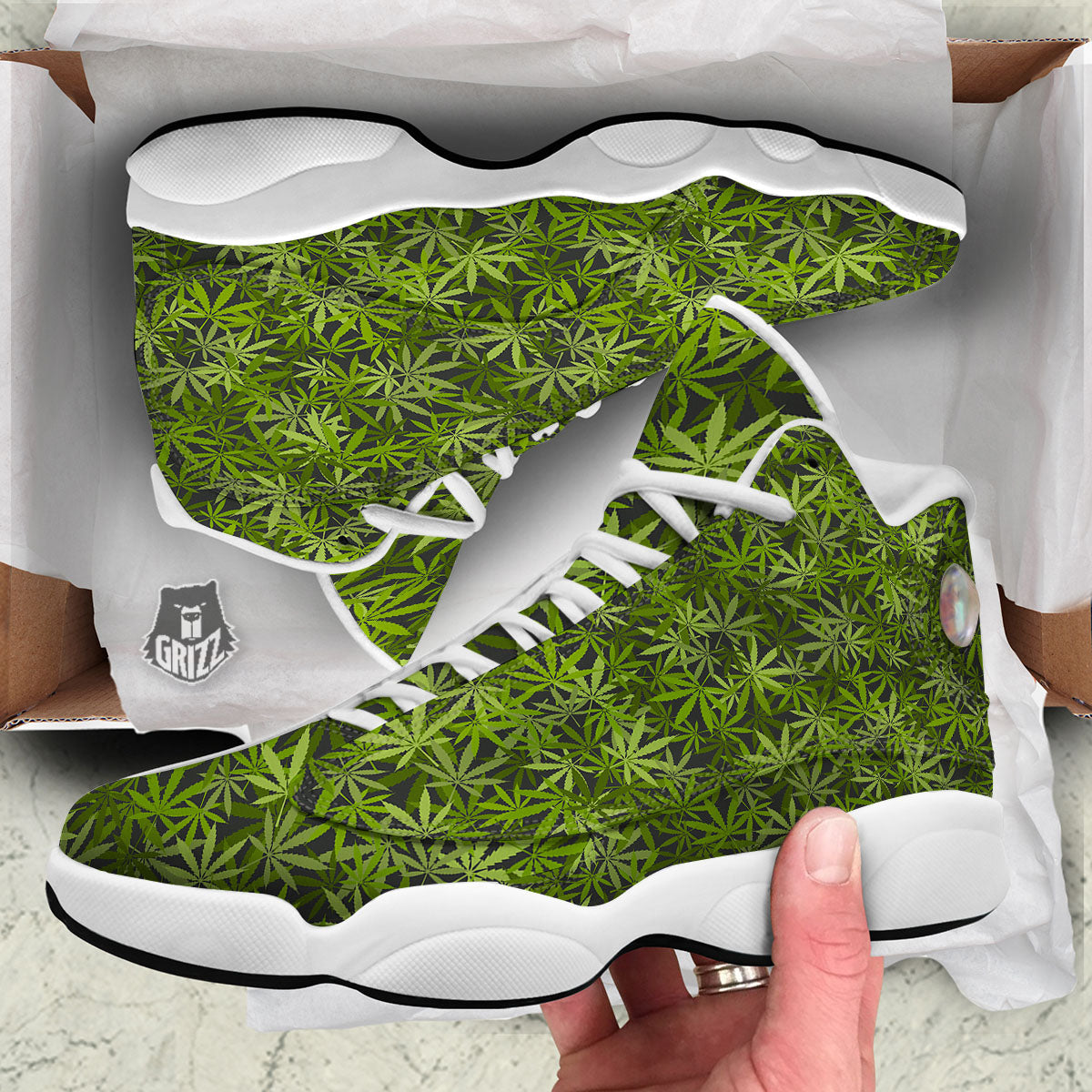 Pattern Leaf Marijuana Print White Basketball Shoes-grizzshop