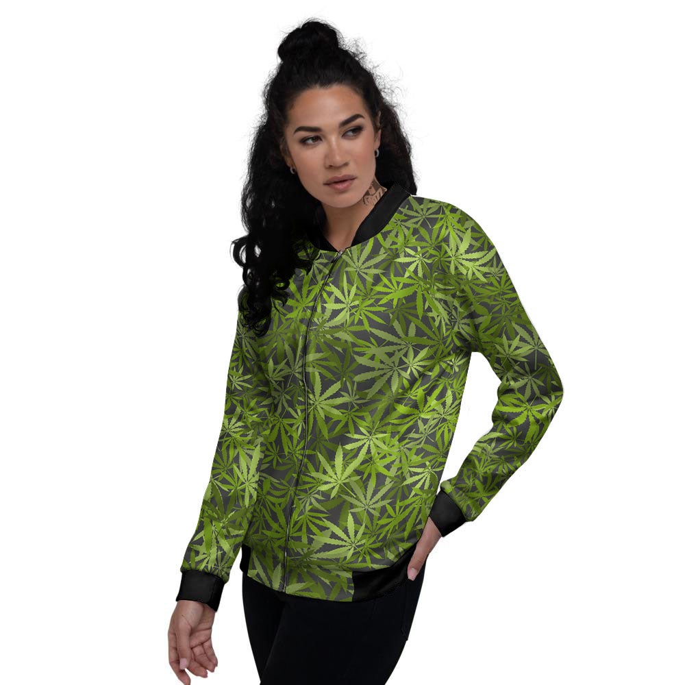 Pattern Leaf Marijuana Print Women's Bomber Jacket-grizzshop
