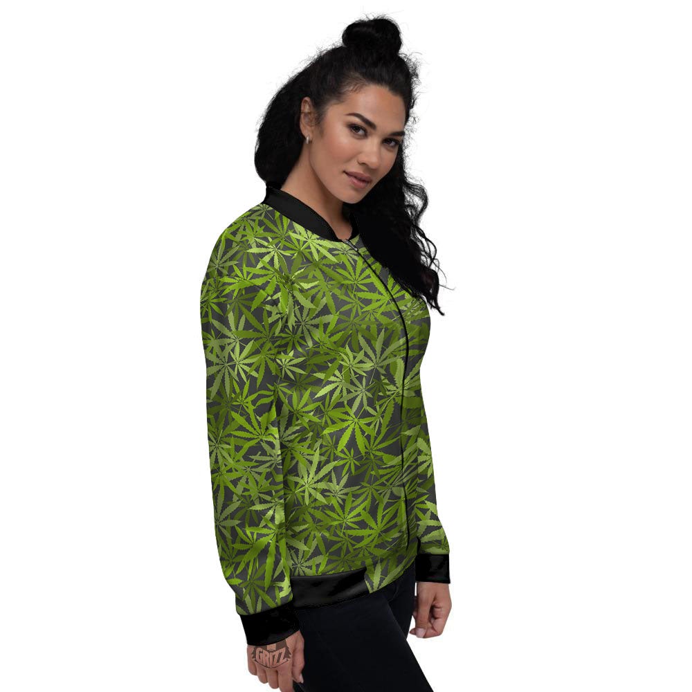 Pattern Leaf Marijuana Print Women's Bomber Jacket-grizzshop