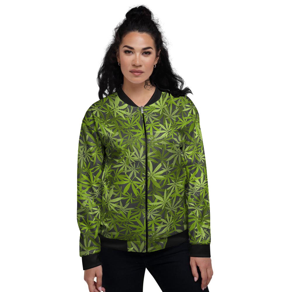 Pattern Leaf Marijuana Print Women's Bomber Jacket-grizzshop