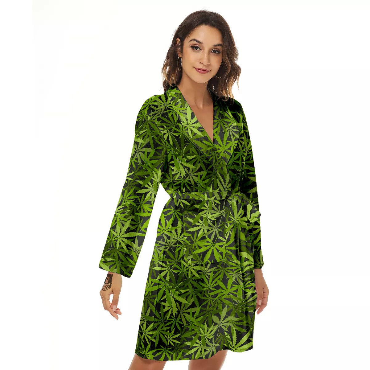 Pattern Leaf Marijuana Print Women's Robe-grizzshop