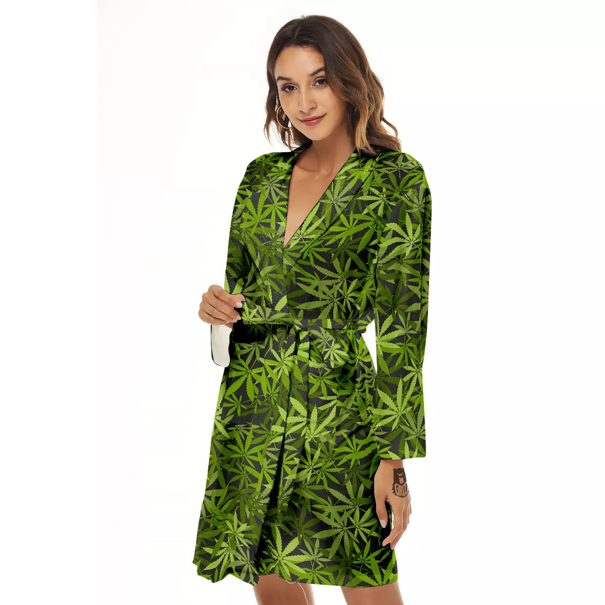 Pattern Leaf Marijuana Print Women's Robe-grizzshop