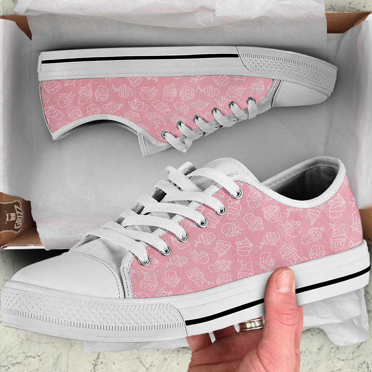 Pattern Mini Cupcake Print White Low Top Shoes-grizzshop