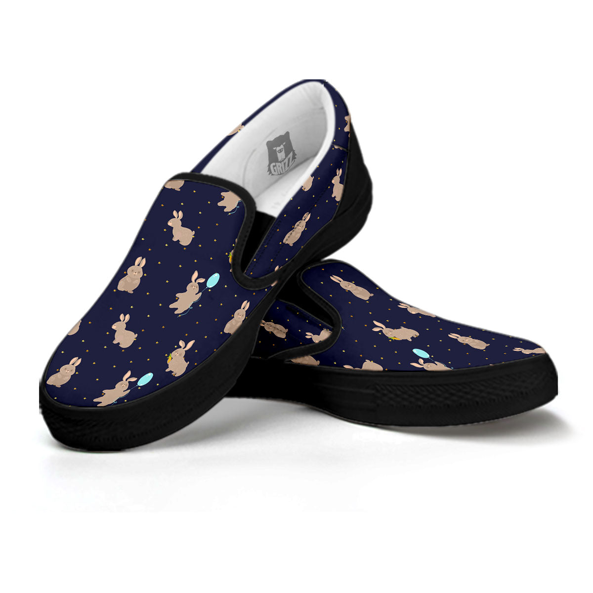 Pattern Mini Rabbit Print Black Slip On Shoes-grizzshop