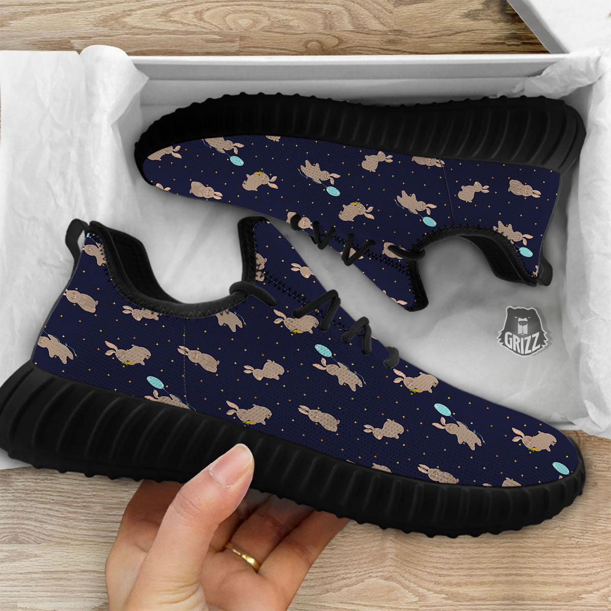 Pattern Mini Rabbit Print Black Walking Shoes-grizzshop