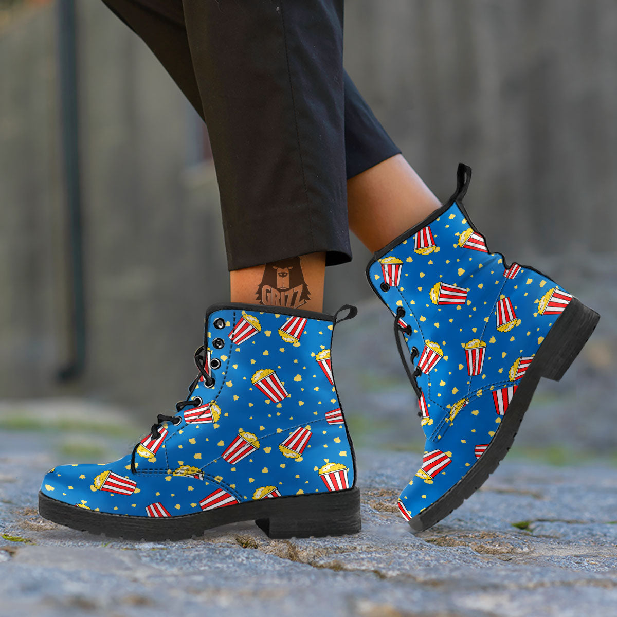 Pattern Popcorn Print Leather Boots-grizzshop