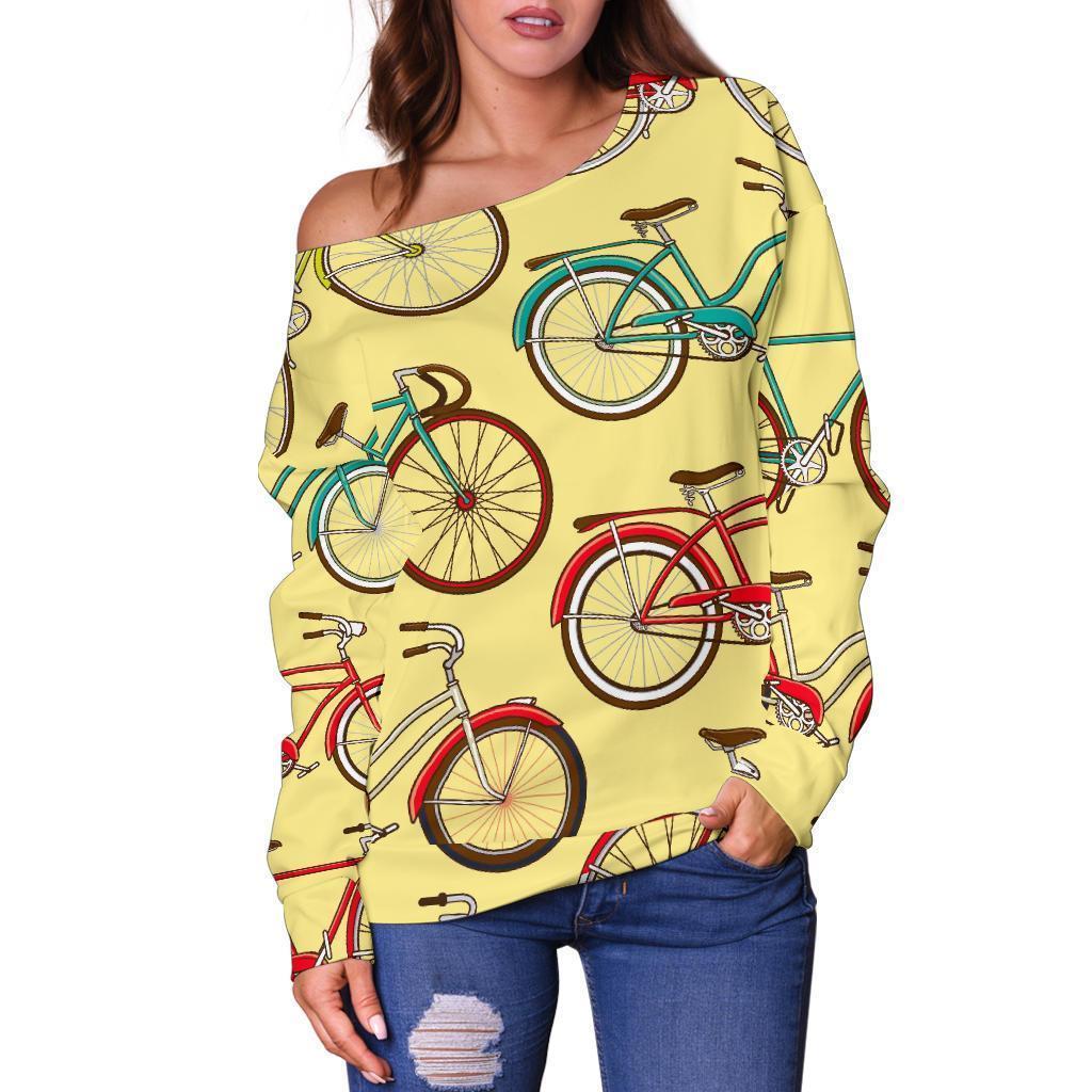 Pattern Print Bicycle Women Off Shoulder Sweatshirt-grizzshop