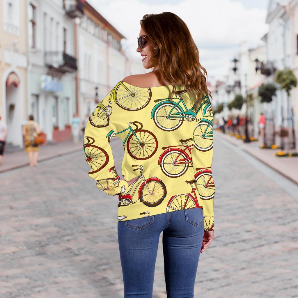 Pattern Print Bicycle Women Off Shoulder Sweatshirt-grizzshop