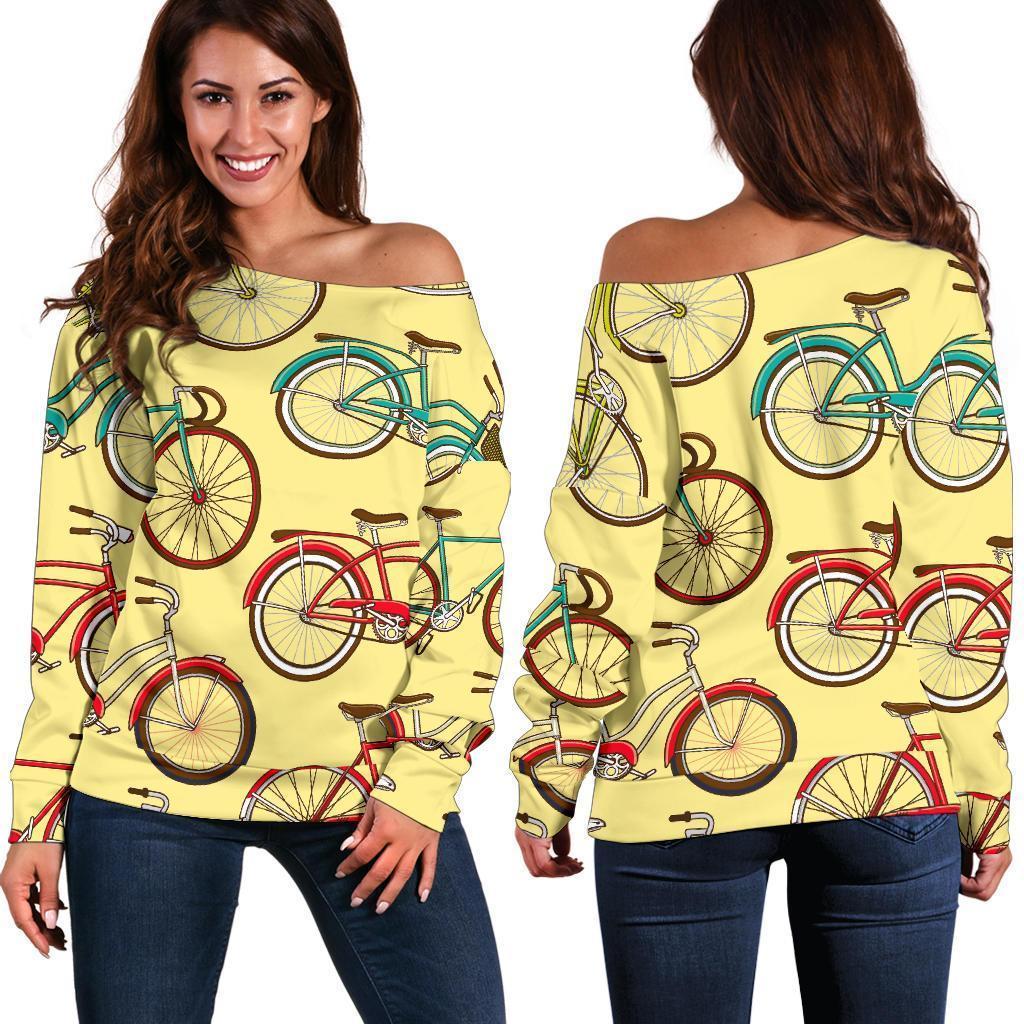 Pattern Print Bicycle Women Off Shoulder Sweatshirt-grizzshop