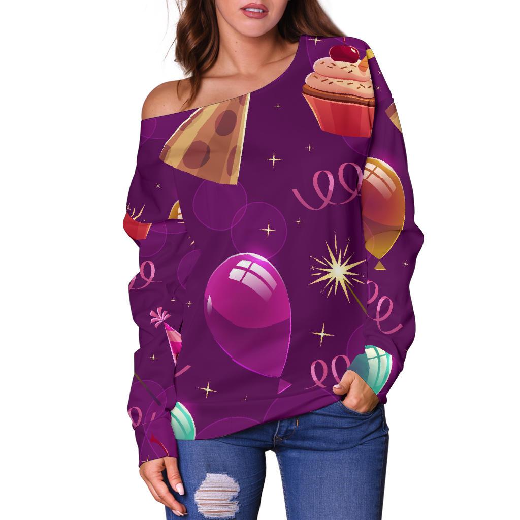 Pattern Print Birthday Women Off Shoulder Sweatshirt-grizzshop