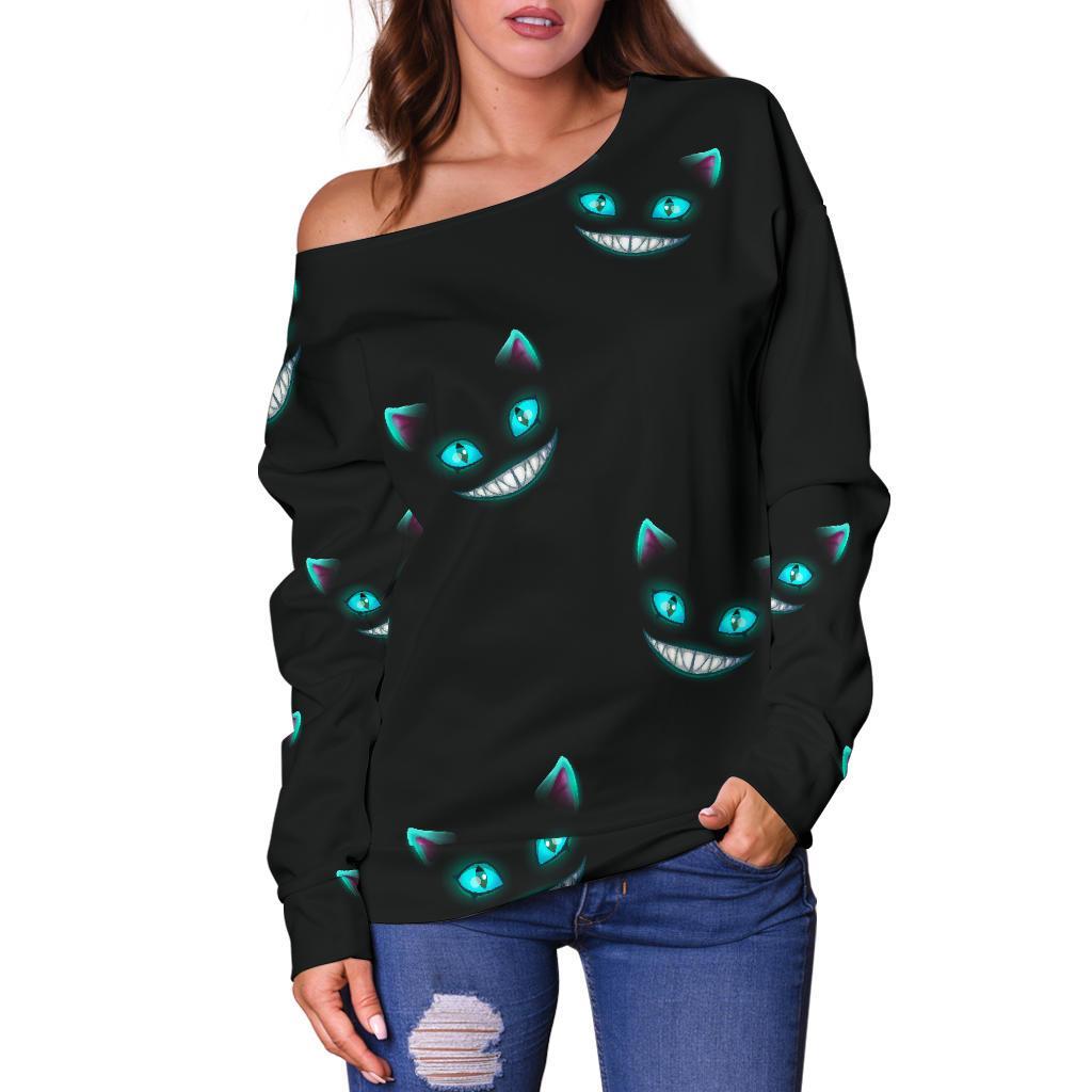 Pattern Print Black Cat Women Off Shoulder Sweatshirt-grizzshop