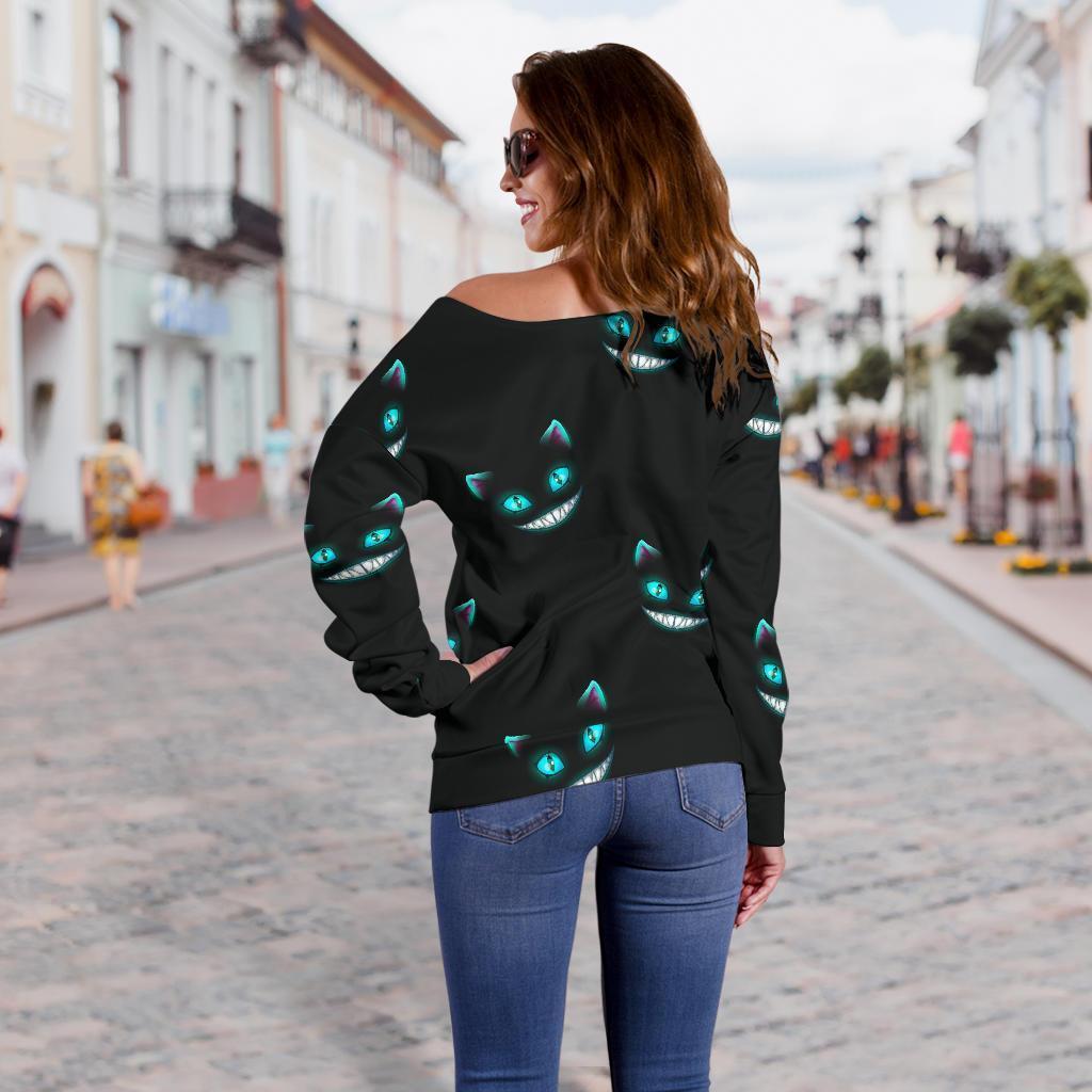 Pattern Print Black Cat Women Off Shoulder Sweatshirt-grizzshop